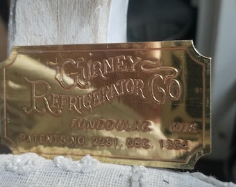 Vintage Brass Gurney REFRIGERATOR Co. Pat 2281 Dec 1384 Metal Tag Name Plate 3 inch Nostalgic farmhouse farm style kitchen accent cabinet