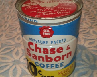 vintage 2 lbs net. chase sanborn coffee tin can aluminum multi color red yellow blue near  mint new york