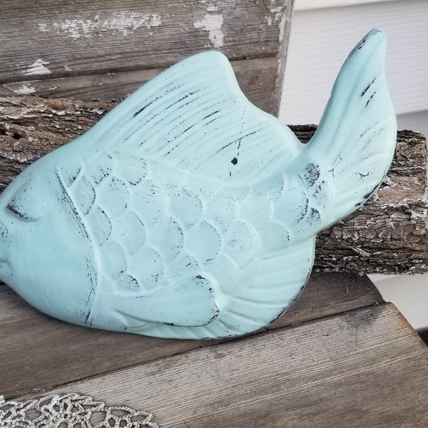 vintage 9.5" Plaster bisque mint green distressed wall art fish goldfish decor hanging mount decor oceanic nautical angel painted bedroom