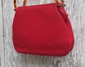 JR Florida red signed purse 60s mod canvas lucite handles mesh purse handbag makeup bag clutch brass knobs open closure womens gorgeous