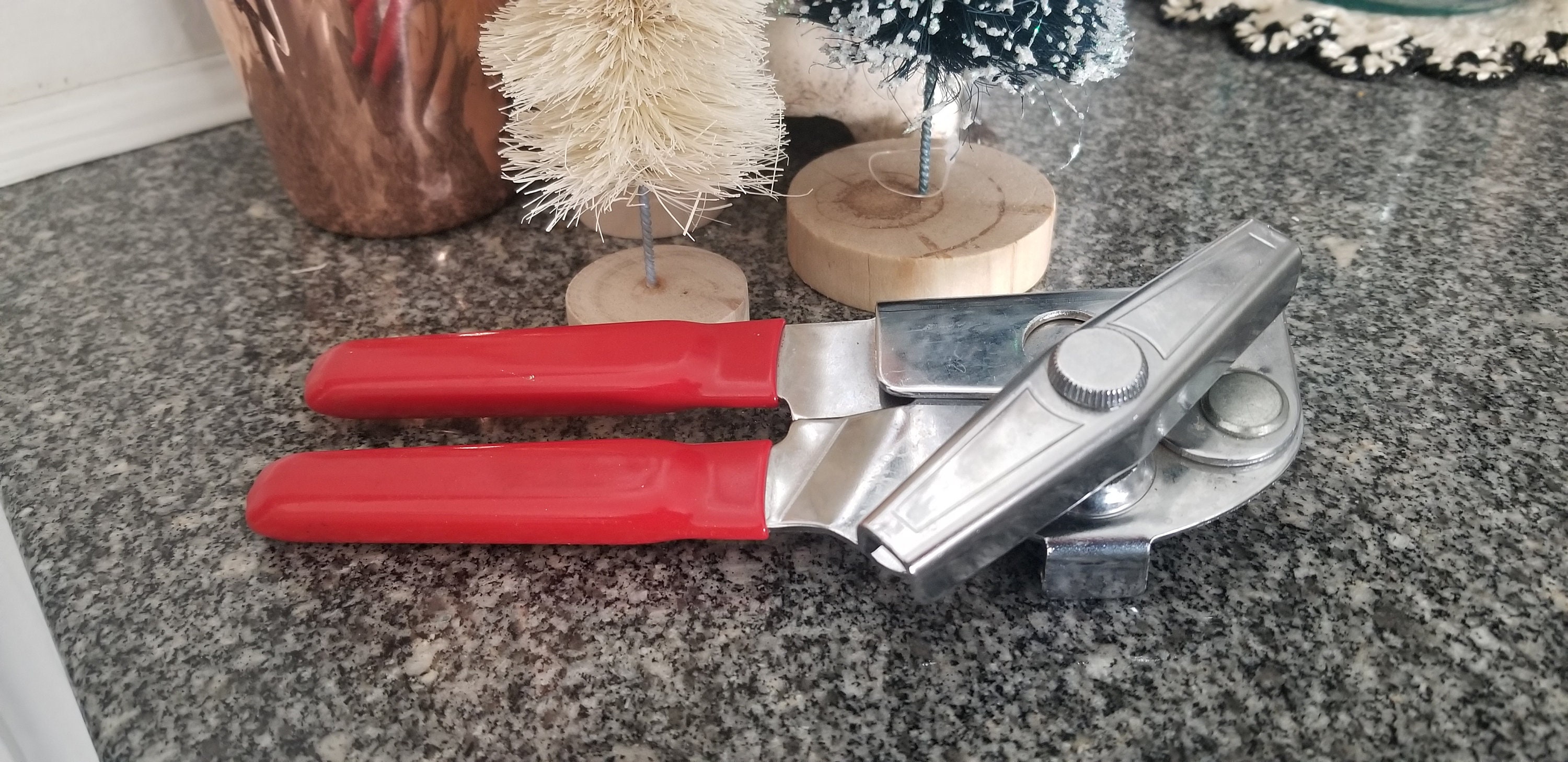 Vintage Swing-Away Manual Wall Mount Can Opener with Red Handle and Bracket