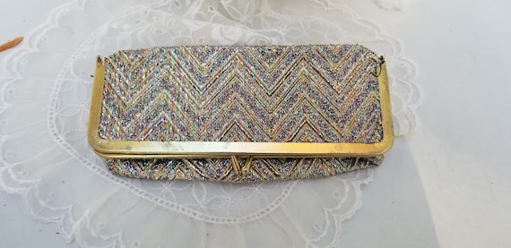 vintage 1970s tapestry glitter coin purse makeup … - image 1