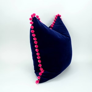 pink pom pom pillow // navy and pink pom pom pillow // navy velvet cushion // pink pom poms cushion // fuschia pom poms cushion