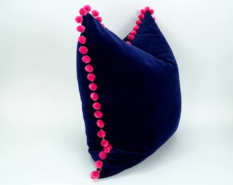 pink pom pom pillow // navy and pink pom pom pillow // navy velvet cushion // pink pom poms cushion // fuschia pom poms cushion