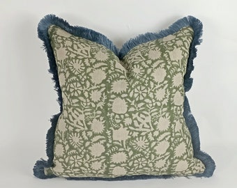 green block print pillow, green floral pillow, green block print cushion, Indian fabric, blue fringe pillow