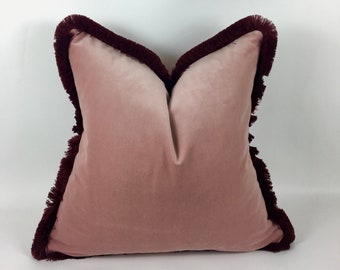 Dusty pink with burgundy fringe pillow // dusty pink velvet cushion // pink cushion with brush fringe trim