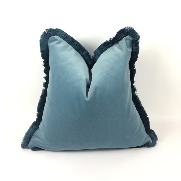 blue velvet pillow // blue fringe pillow // blue monochrome pillow //