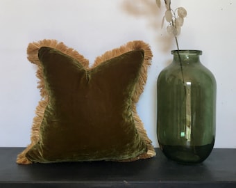 chartreuse silk velvet pillow, green silk velvet cushion, green and gold velvet pillow, olive green silk cushion