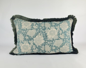 Blue block print pillow, blue and green pillow, blue floral pillow, blue block print cushion, Indian fabric, blue fringe pillow