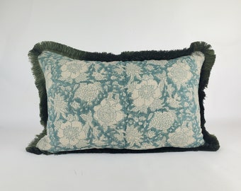 Blue block print pillow, blue and green pillow, blue floral pillow, blue block print cushion, Indian fabric, blue fringe pillow