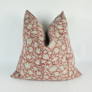Rust block print pillow, block print red floral pillow, block print cushion, neutral throw pillow, designer pillow