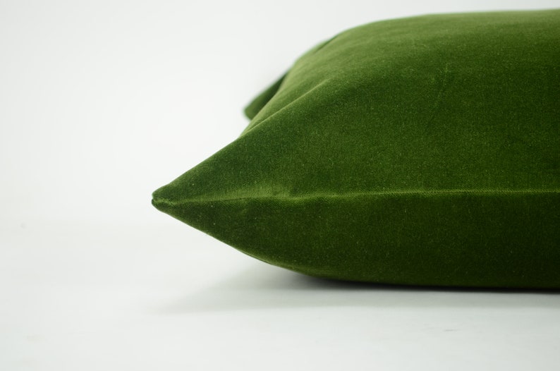 May include: A close-up of a dark green velvet pillow. The pillow is soft and plush, with a smooth, even texture.