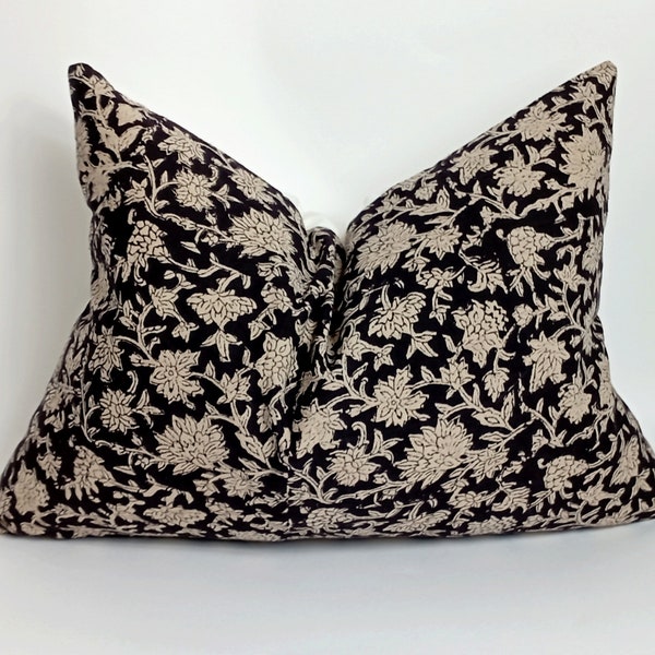 block print pillow, block print black floral pillow, block print cushion, neutral throw pillow, designer pillow