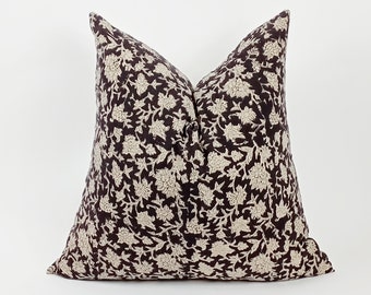 black block print floral pillow, black floral pillow
