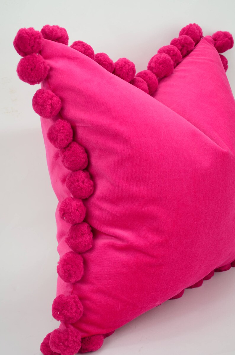 pink pom pom cushion cover // jumbo pom pom pillow cover // velvet pom cushion cover // hot pink pom pom pillow cover image 3