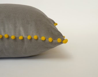 grey and yellow pillow case // velvet pom pom cushion cover  // grey velvet // yellow pom pom pillow cover