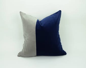 navy and grey pillow // color block pillow // navy and grey cushion // velvet pillow cover