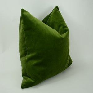 May include: A green velvet pillow with a square shape. The pillow is folded in half and the fabric is soft and plush.