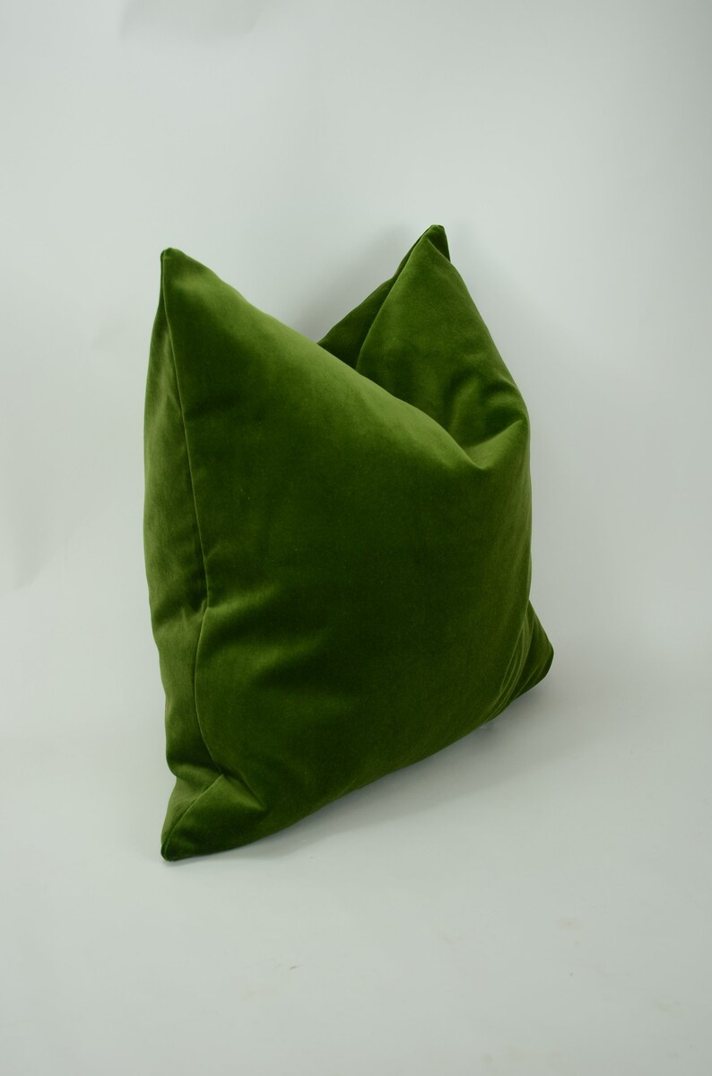 May include: A green velvet pillow with a square shape. The pillow is folded in half and the fabric is soft and plush.