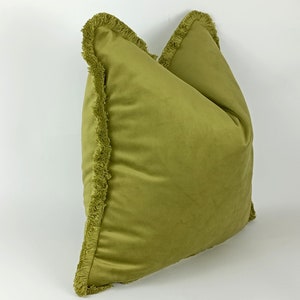 Chartreuse green brush fringe pillow, green velvet cushion, brush fringed pillow, green finge cushion, green brush fringe