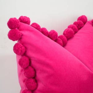 pink pom pom cushion cover // jumbo pom pom pillow cover // velvet pom cushion cover // hot pink pom pom pillow cover image 2