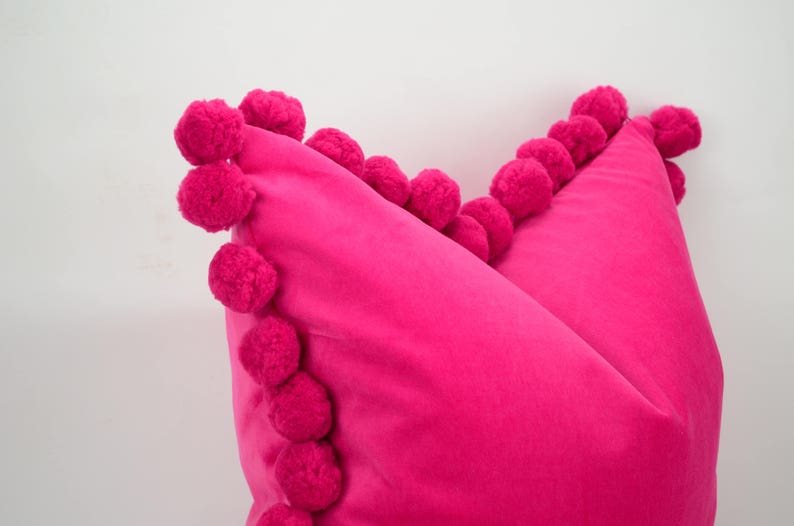 pink pom pom cushion cover // jumbo pom pom pillow cover // velvet pom cushion cover // hot pink pom pom pillow cover image 2