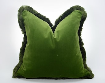 Moss Green Cotton Velvet Fringe Throw Pillow Cover, OEKO-TEX Certified