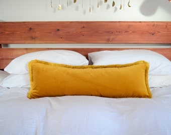 Long Lumbar - Mustard Velvet Throw Pillow - Yellow Fringe Cushion