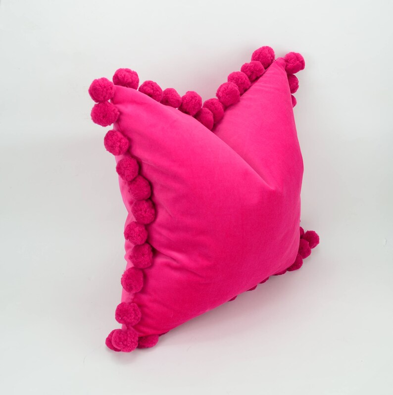 pink pom pom cushion cover // jumbo pom pom pillow cover // velvet pom cushion cover // hot pink pom pom pillow cover image 4