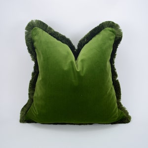 Green brush fringe pillow cover // moss green velvet cushion cover // green cushion with brush fringe trim