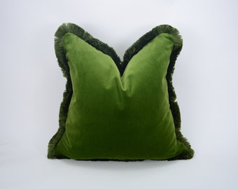 Green brush fringe pillow cover // moss green velvet cushion cover // green cushion with brush fringe trim