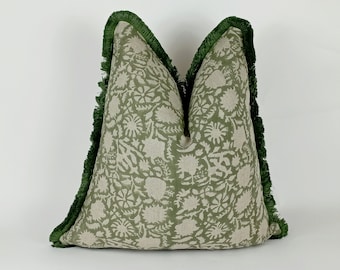 green block print pillow, green floral pillow, green block print cushion, Indian fabric, green fringe pillow