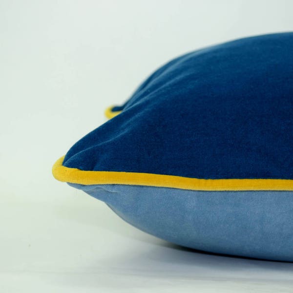 color block velvet pillow // blue velvet cushion // blue and yellow pillow // blue velvet pillow