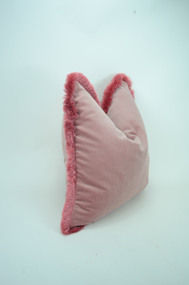 May include: A pink velvet pillow with a fringe trim around the edges.