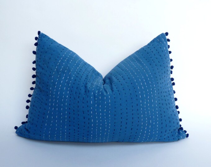 Blue Pom Pom Pillow // Blue Pom Cushion // Blue Kantha Pillow Etsy