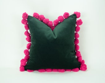 green and pink pom pom cushion cover  // jumbo pom pom pillow // green and pink pillow cover // green pom pom pillow cover