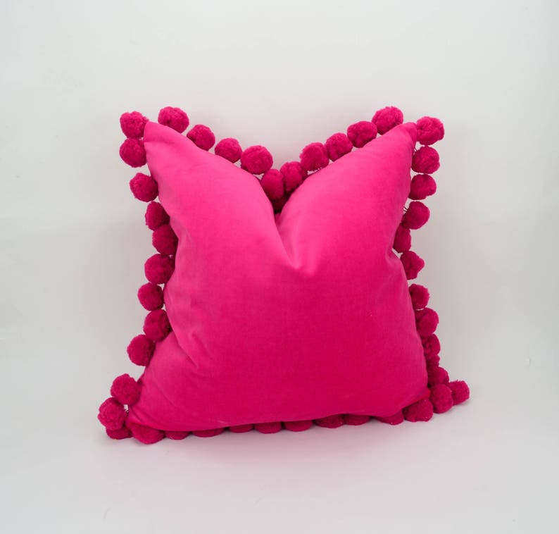 pink pom pom cushion cover // jumbo pom pom pillow cover // velvet pom cushion cover // hot pink pom pom pillow cover image 1