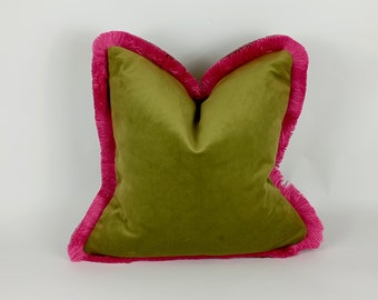 olive green with pink brush fringe pillow, green and pink velvet cushion, green fringe cushion, green and pink cushion