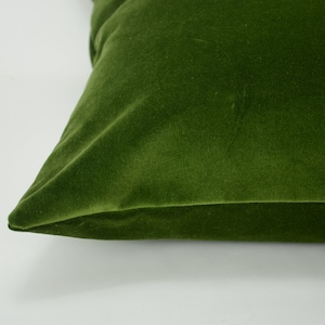 May include: A deep green velvet pillow with a smooth, soft texture. The pillow is shown from the side, with the seam visible.