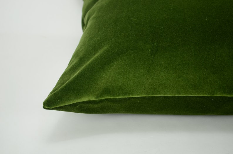 May include: A deep green velvet pillow with a smooth, soft texture. The pillow is shown from the side, with the seam visible.