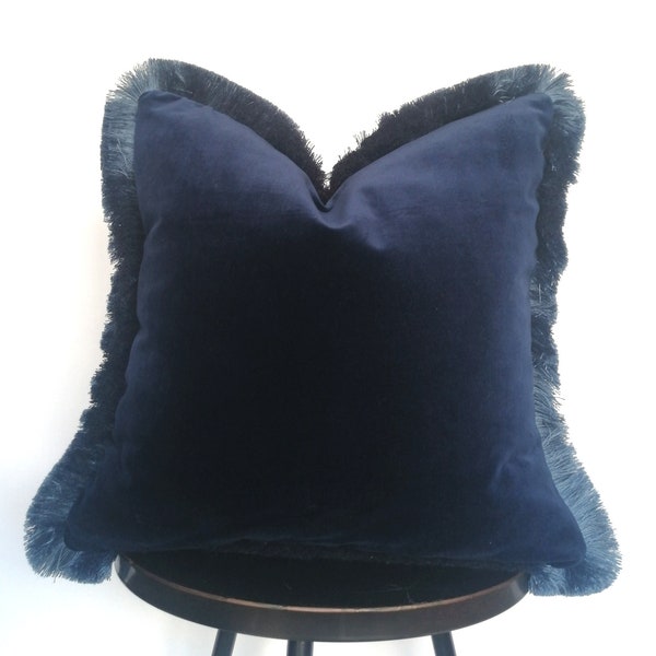 Midnight blue brush fringe pillow // midnight blue velvet pillow // velvet fringed cushion