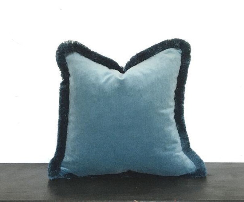 Blue Brush Fringe Pillow // Cornflower Blue Velvet Pillow // Etsy
