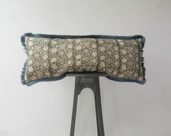 Long lumbar block print pillow, green floral pillow, green block print cushion, Indian fabric, blue fringe pillow