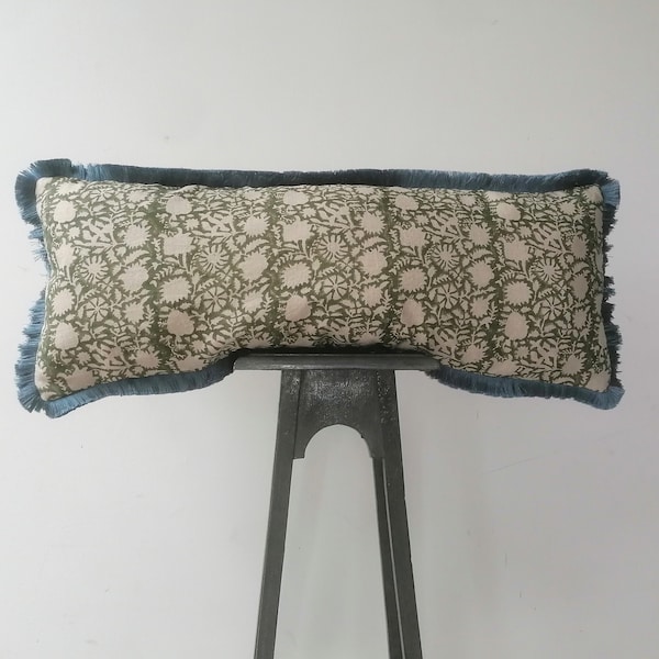 Long lumbar block print pillow, green floral pillow, green block print cushion, Indian fabric, blue fringe pillow