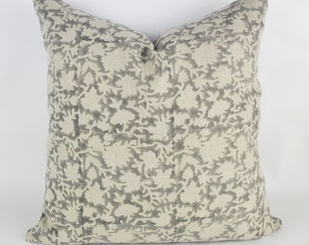 Grey block print pillow, block print grey floral pillow, block print cushion, neutral throw pillow, designer pillow