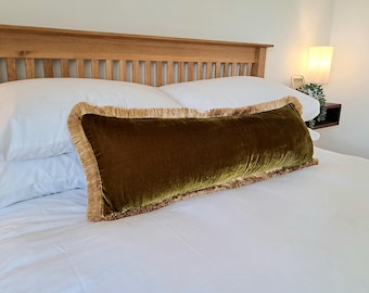 Chartreuse Silk Velvet Lumbar Pillow, Gold Fringe Trim Cushion