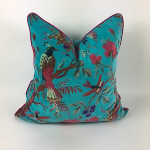 Bird of paradise // blue velvet pillow // turquoise cushion