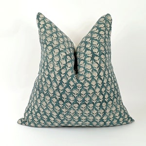 teal floral block print pillow, teal floral pillow, block print cushion
