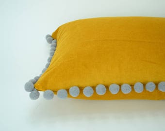 Mustard Yellow Velvet Pom Pom Pillow – Grey Accent Cushion