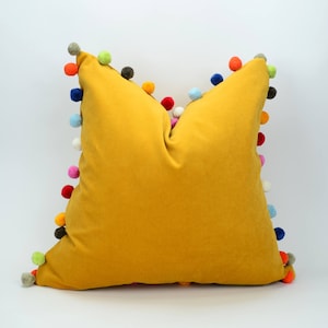 pom pom pillow // jumbo pom pom pillow // velvet pom cushion // yellow pom pom pillow